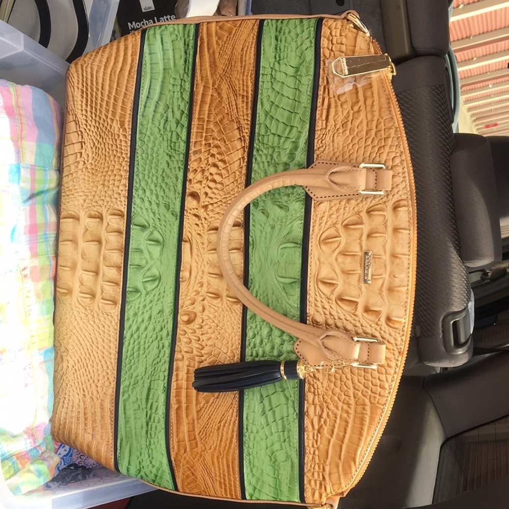 Brahmin tan and sea green hand bag